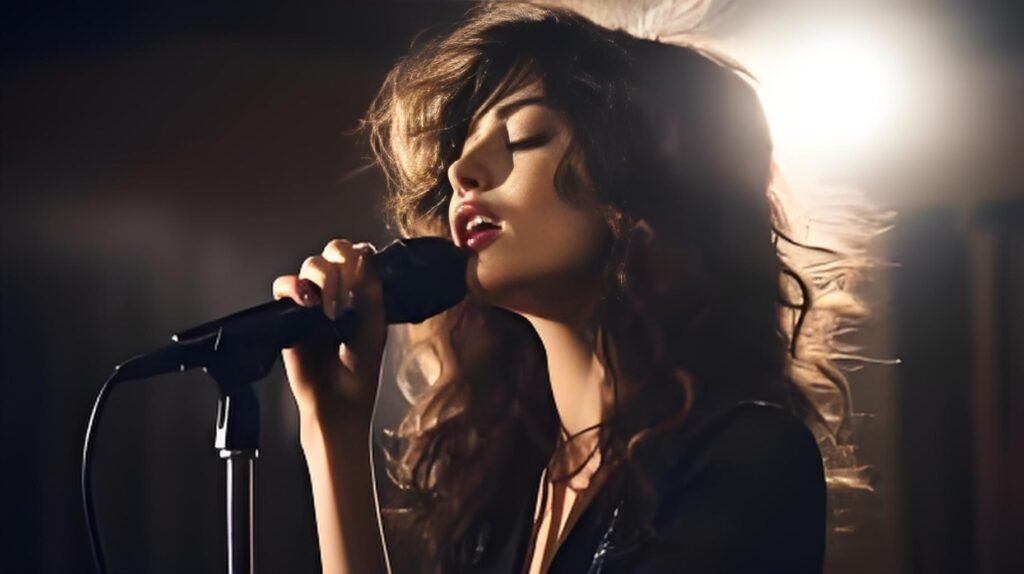 A close-up of a singer pouring emotion into a live performance, delivering songs about a complicated love relationship with raw intensity.