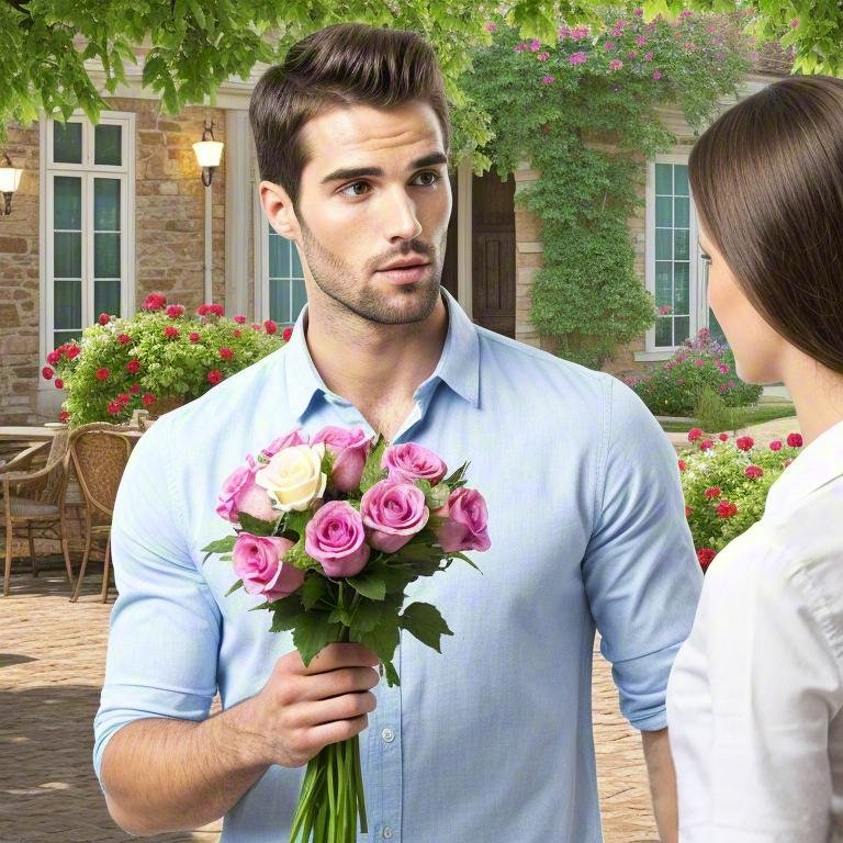 A confident person holding flowers, preparing to ask someone out on a date.