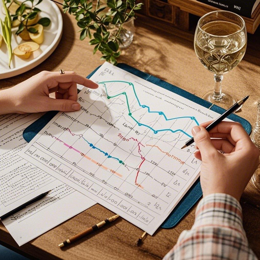 A couple analyzing biorhythm charts for compatibility during a date.