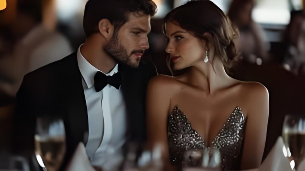 A couple enjoying a formal dinner, representing the structured nature of courting.