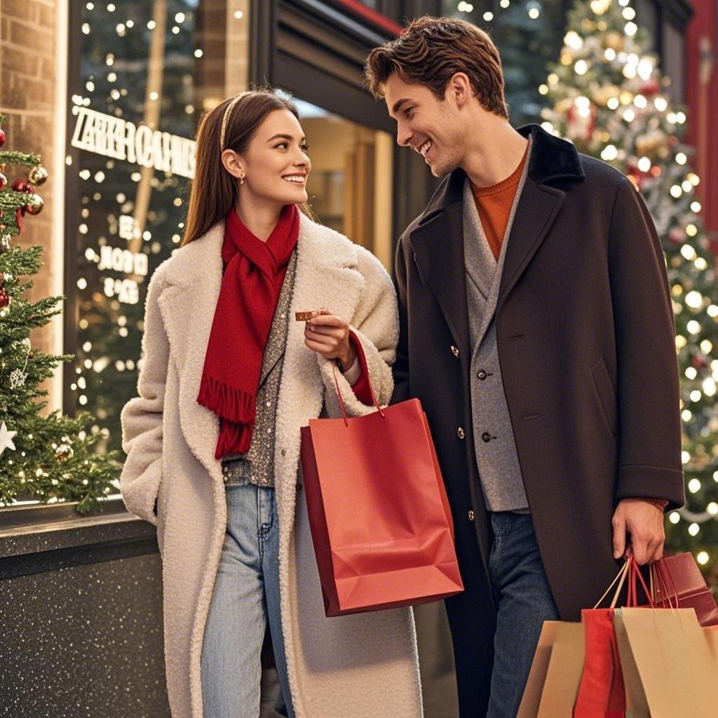 Couple shopping together for Christmas gifts, enjoying festive date ideas.