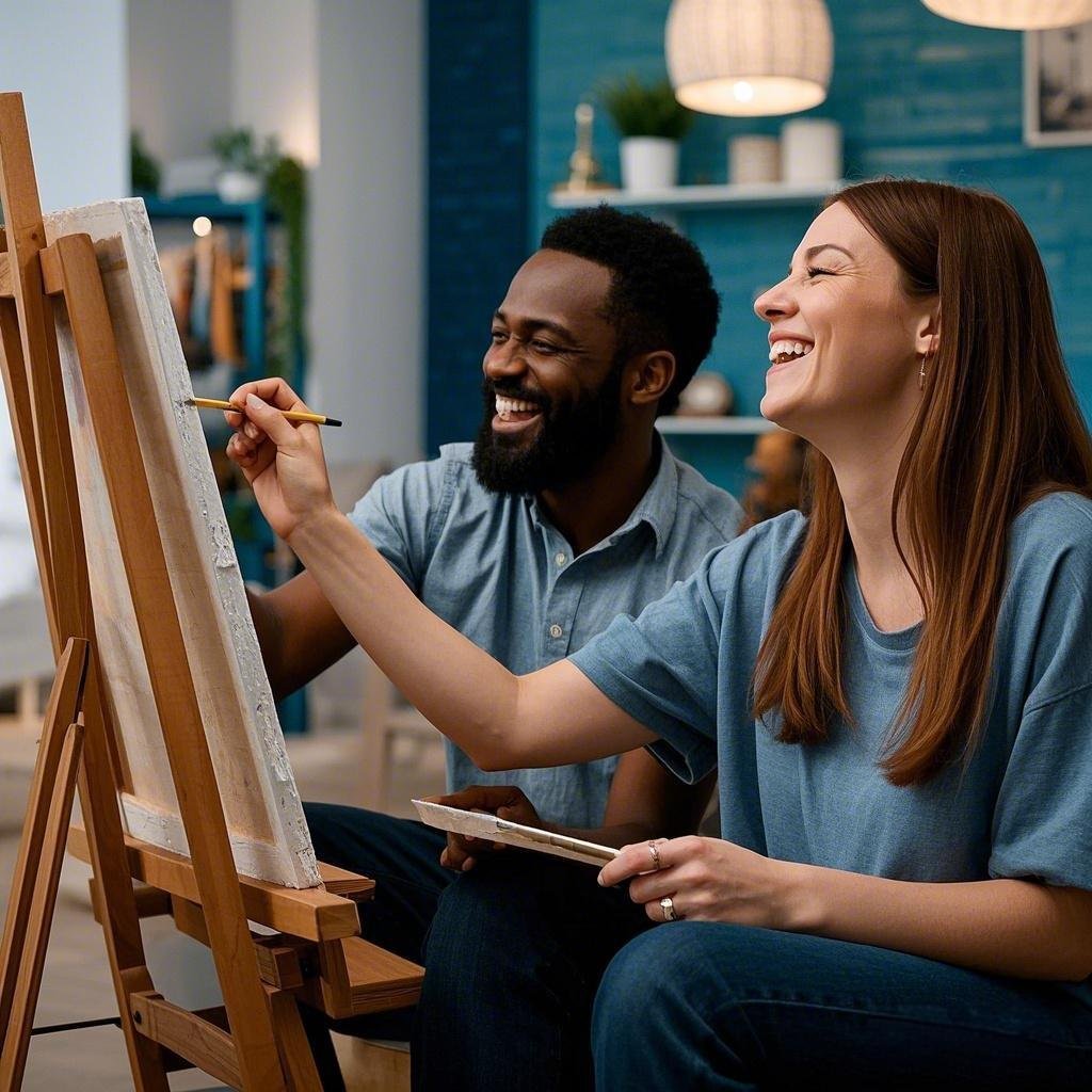 Creative cute date idea showing partners sharing laughter while painting together during an intimate DIY night