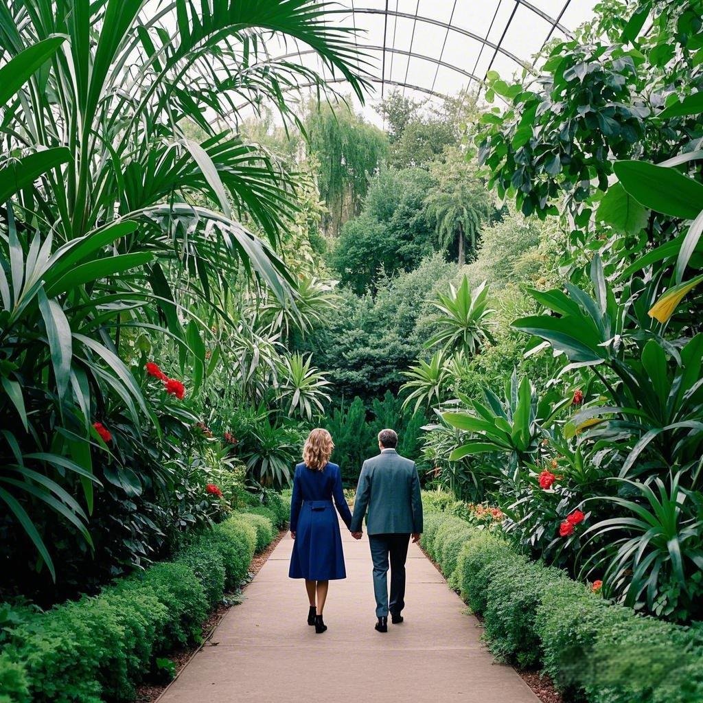 Nature-inspired with a couple walking hand-in-hand through a vibrant botanical garden.