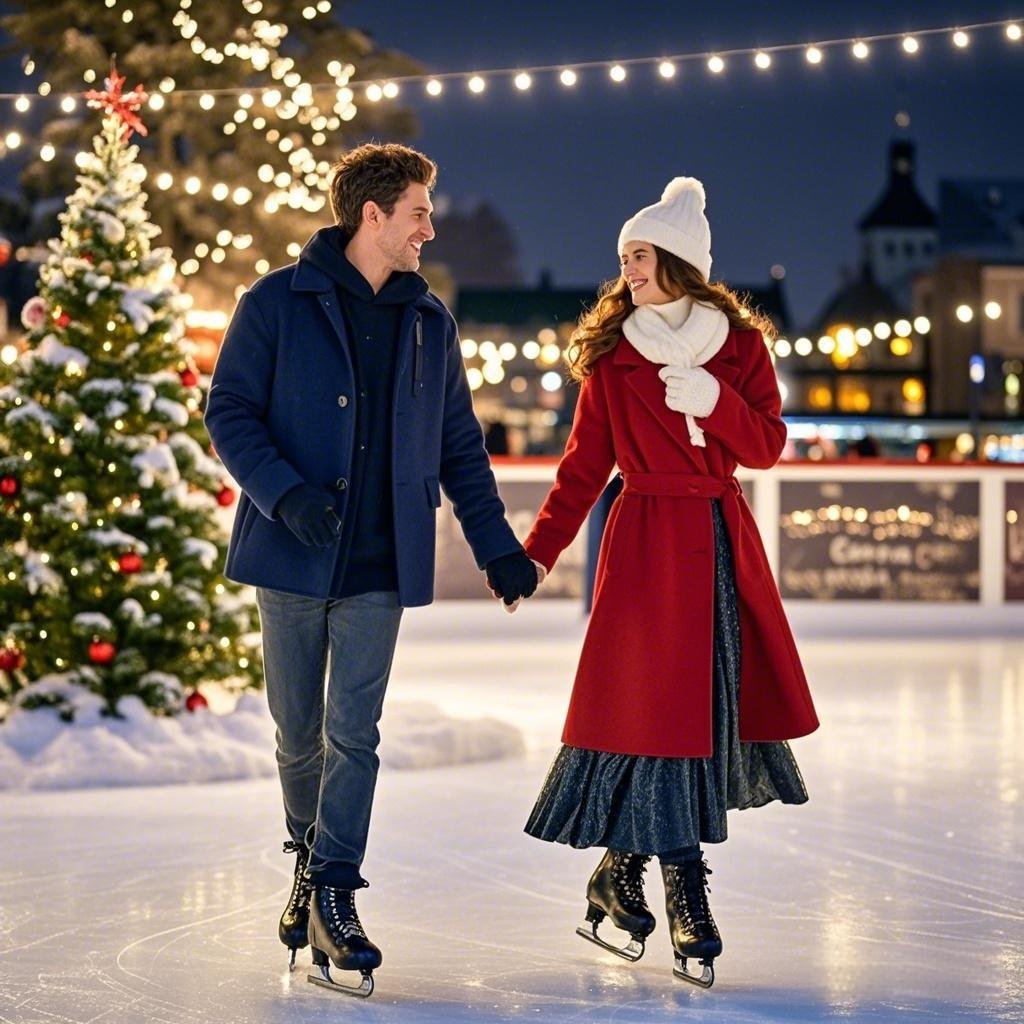 Partners ice skating under Christmas lights, celebrating romantic holiday activities.