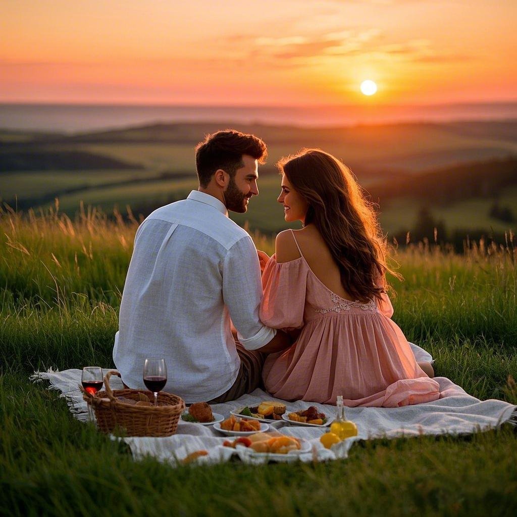 Romantic cute date idea featuring a couple cherishing a sunset picnic on a picturesque hill.