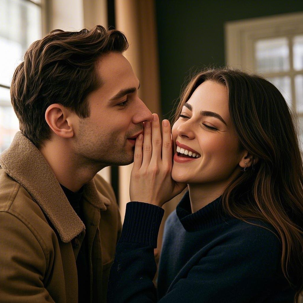 A boyfriend whispering a funny nickname to his girlfriend.