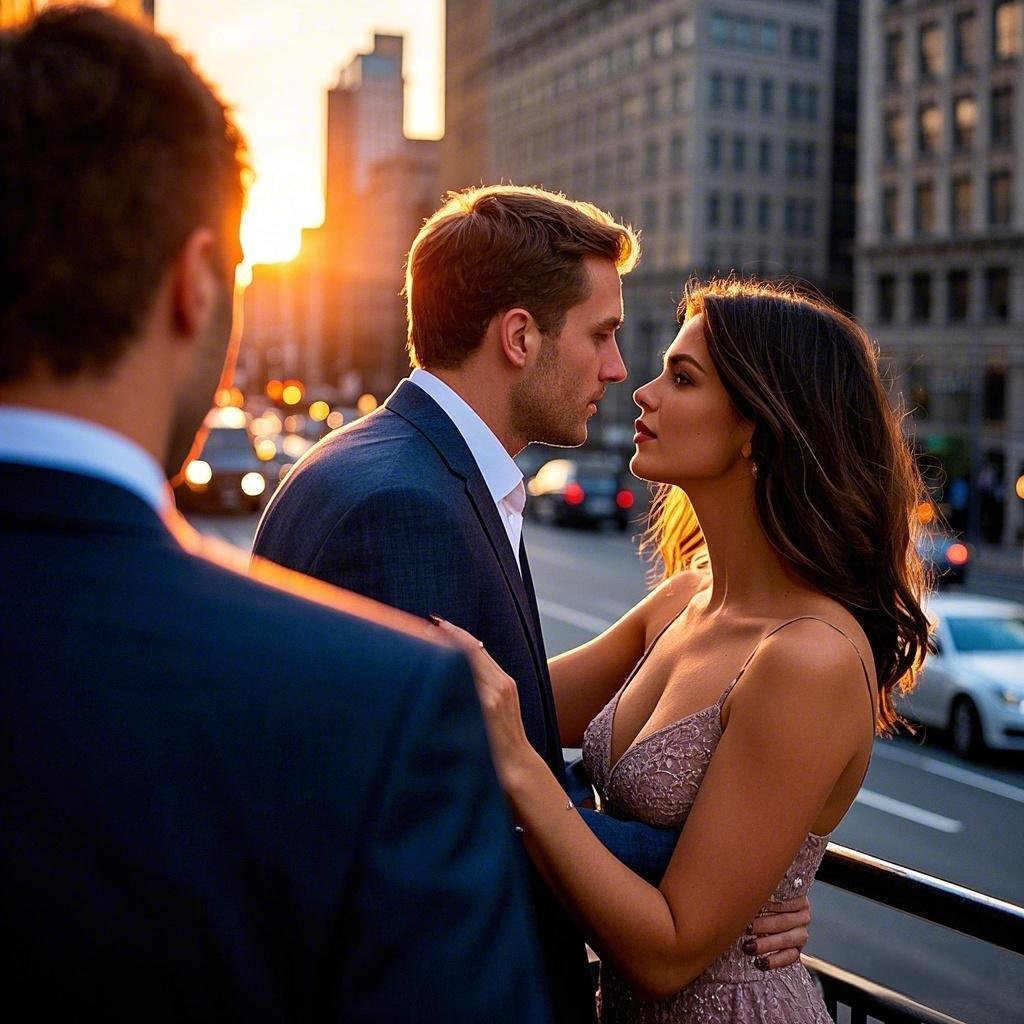 Couple exchanging a light hug on a city street.