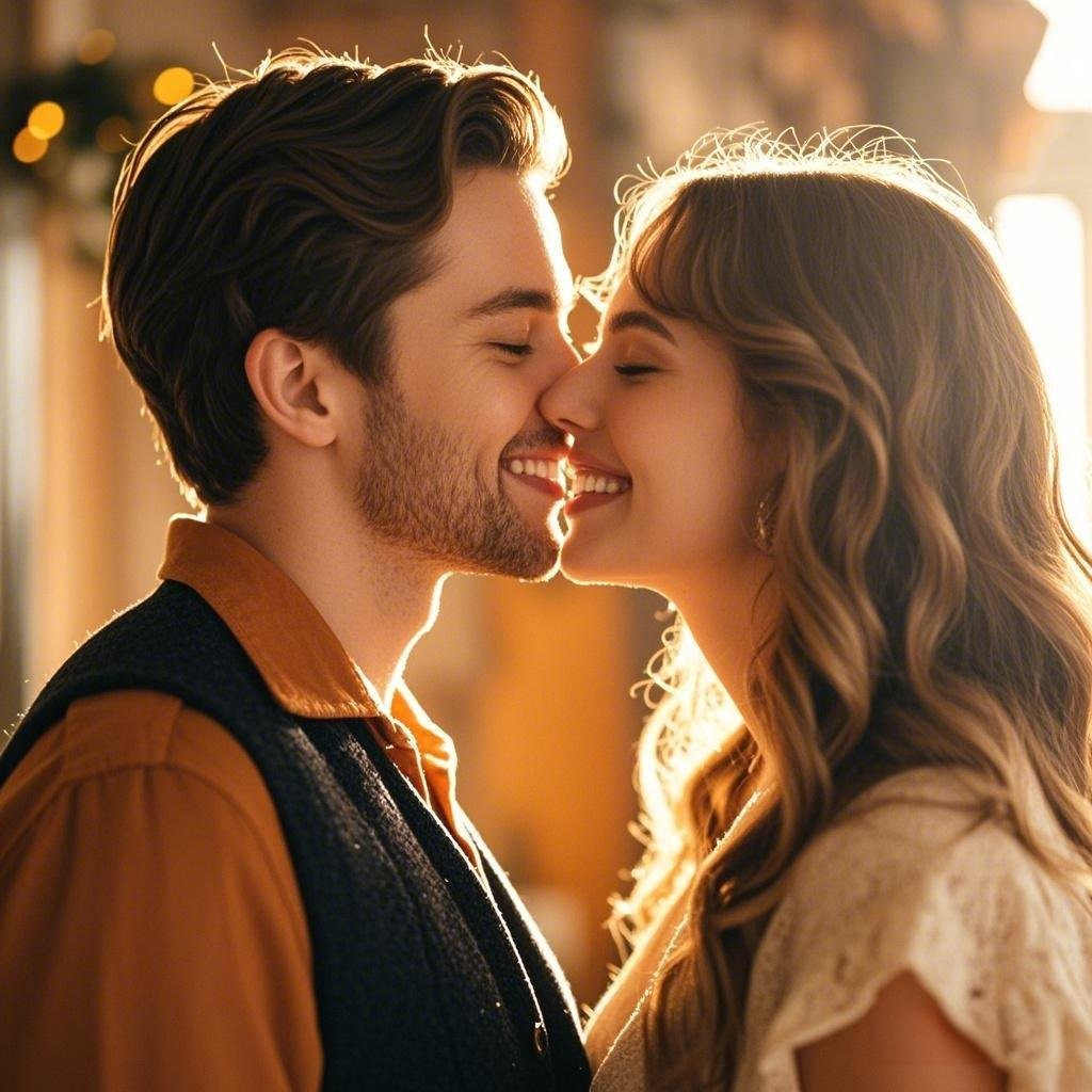 A couple smiling after a kiss, showing the psychological benefits of kissing.