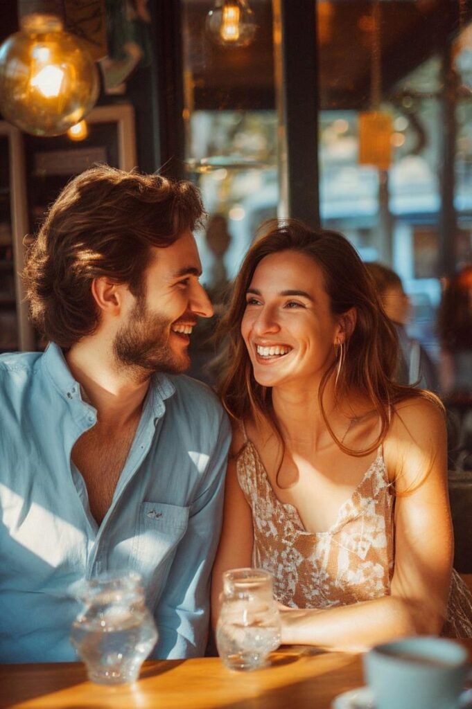 A smiling couple at a café, enjoying light-hearted conversation with fun dating questions.