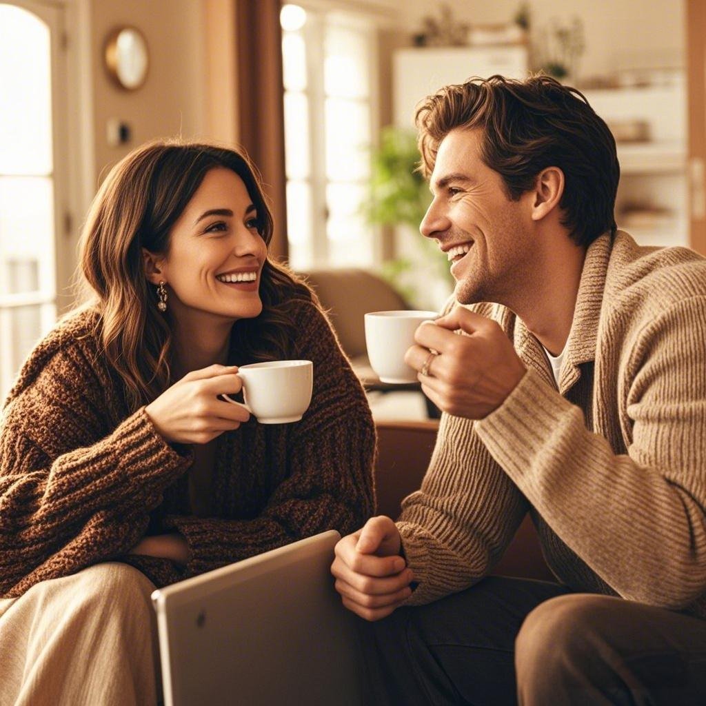 A happy couple discussing cohabiting while sharing a coffee at home.