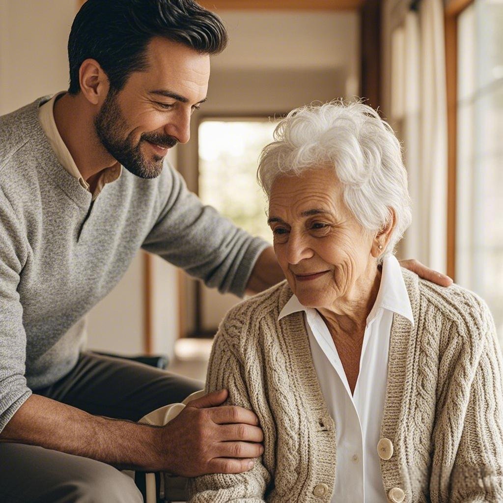 A man helping an elderly person, symbolizing empathy and kindness.