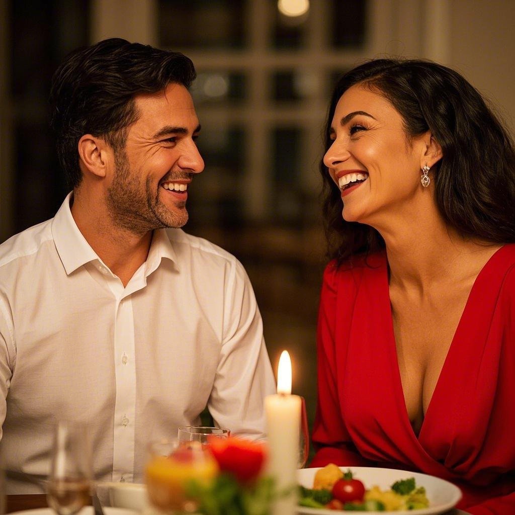 A couple laughing together at a romantic dinner, demonstrating the use of flirty dating questions.