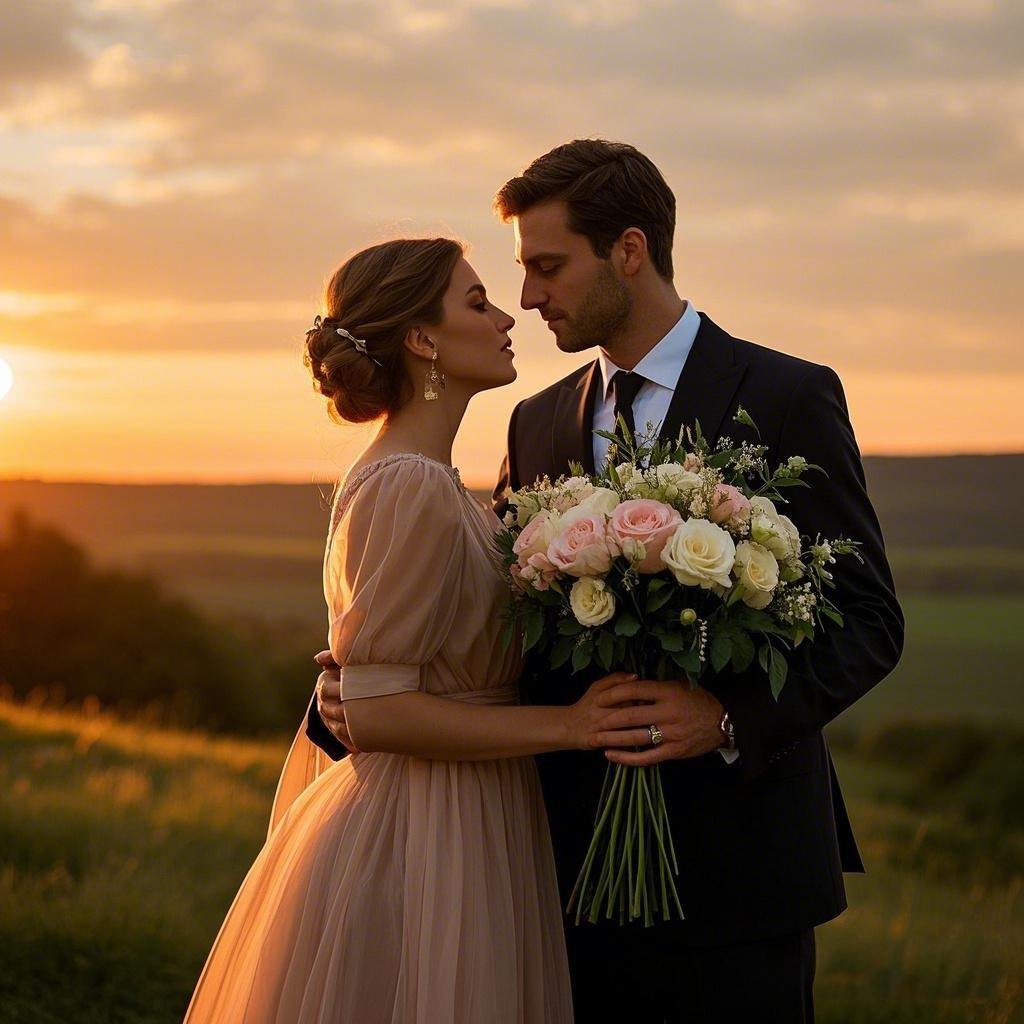 A couple enjoying a grand romantic gesture, symbolizing a hopeless romantic’s dream.