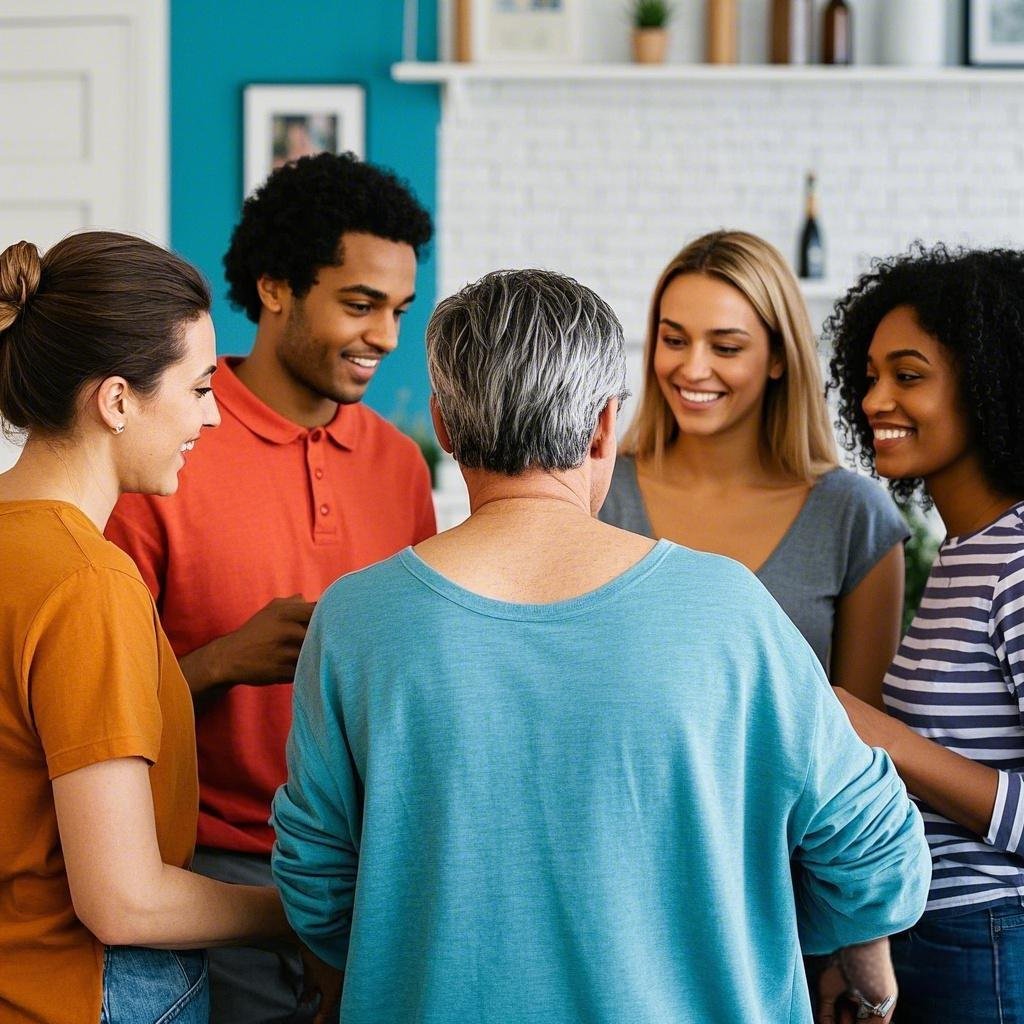  A diverse group of friends discussing modern cohabiting practices.