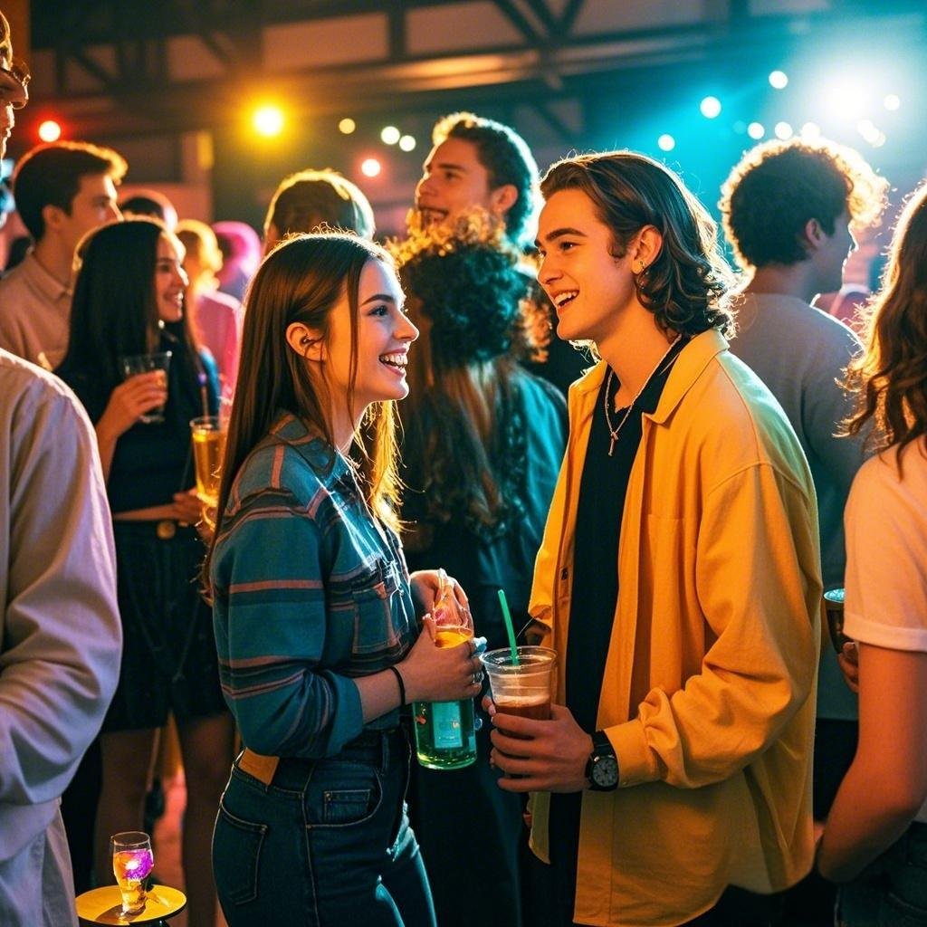A lively college party scene symbolizing hookup culture.