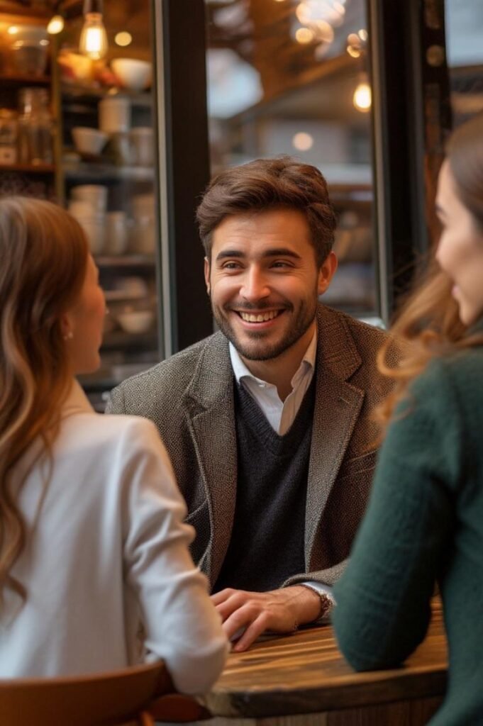 A confident man smiling and talking to a woman in a relaxed coffee shop setting, showing tips on how to start a conversation with a girl.
