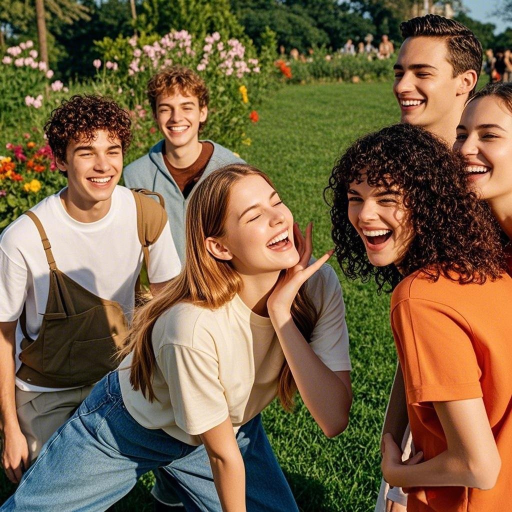 Group of friends laughing, highlighting a girl mirroring a guy's movements as a sign she's interested.