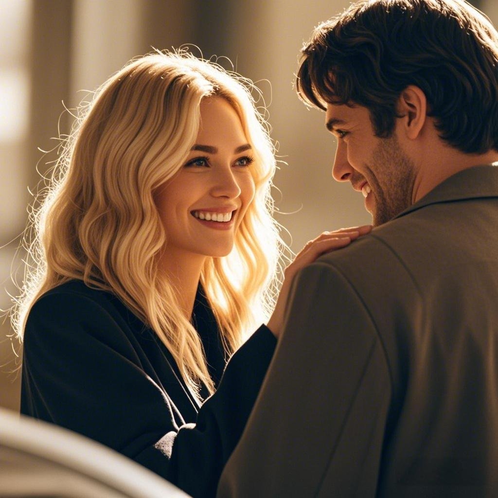 A woman smiling warmly while talking to a man, a sign she likes him.