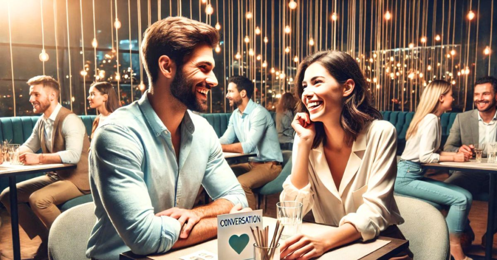 A participant at a speed dating event smiling warmly, showcasing engagement during a conversation