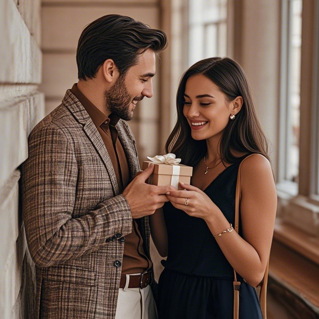A man surprising a woman with a small gift, illustrating thoughtful actions to make a girl like you.