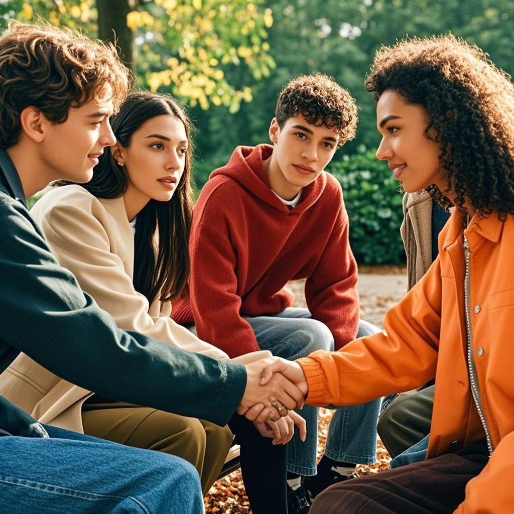 A supportive group of friends helping someone recover from love bombing.