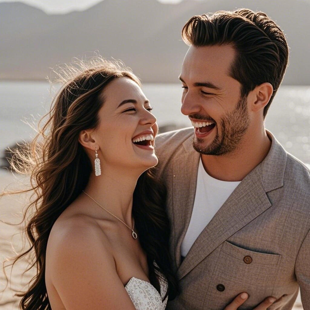 A couple laughing and building a deeper connection after the honeymoon phase.