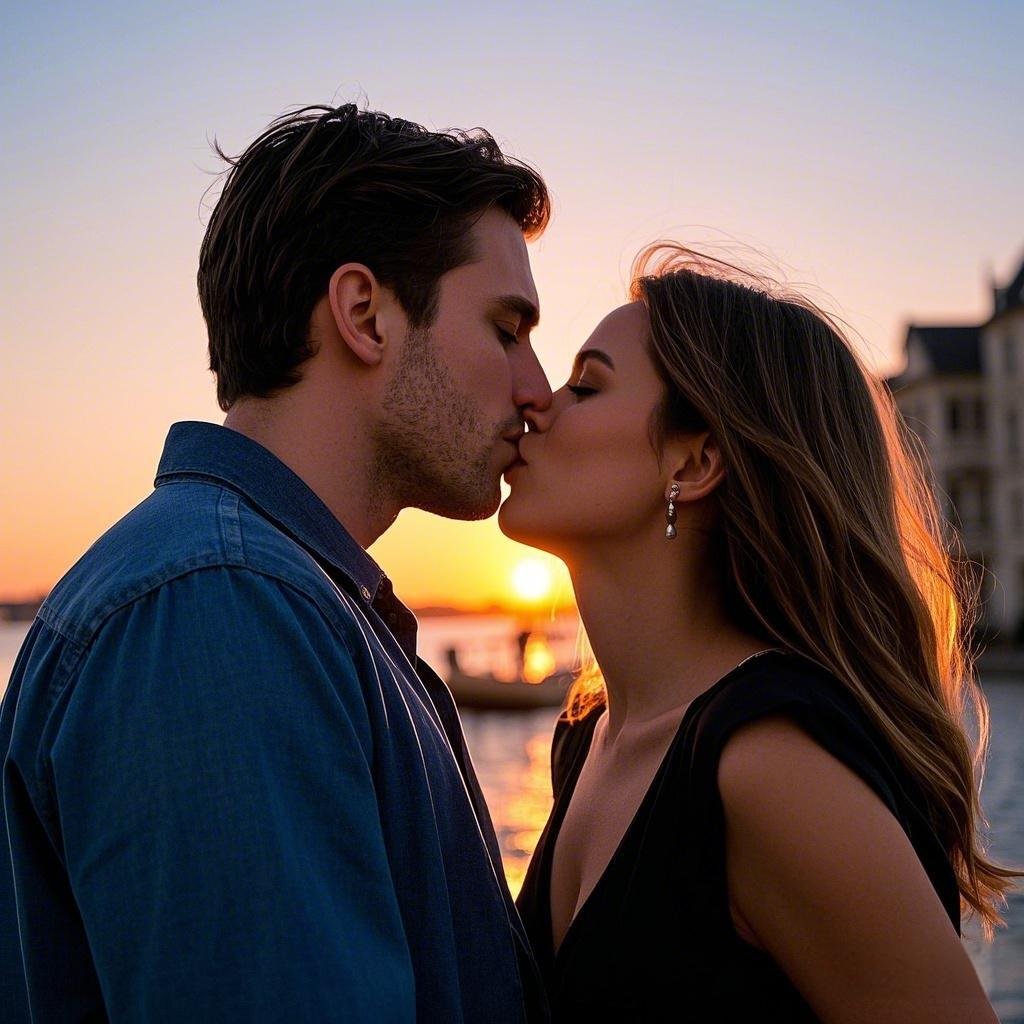 Romantic couple sharing their first kiss at sunset