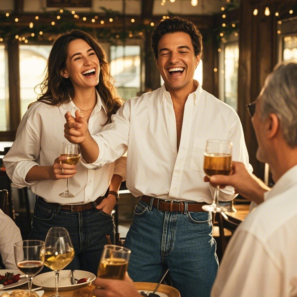Friends sharing funny dirty jokes and laughing together at a social gathering.