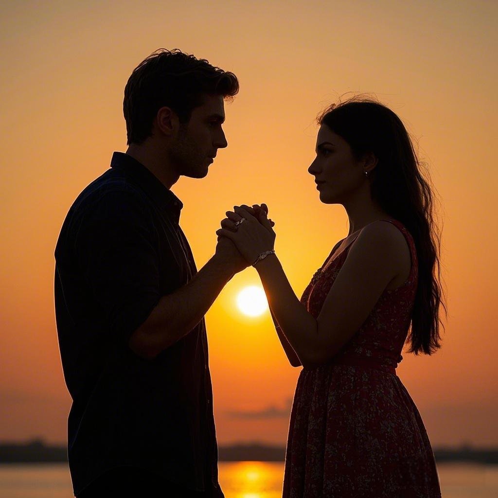 A scenic sunset with two people holding hands, capturing the essence of a hopeless romantic.