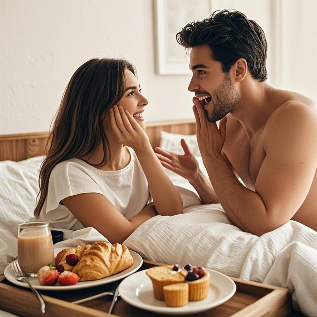 a person surprising their partner with breakfast in bed, illustrating a thoughtful gesture.