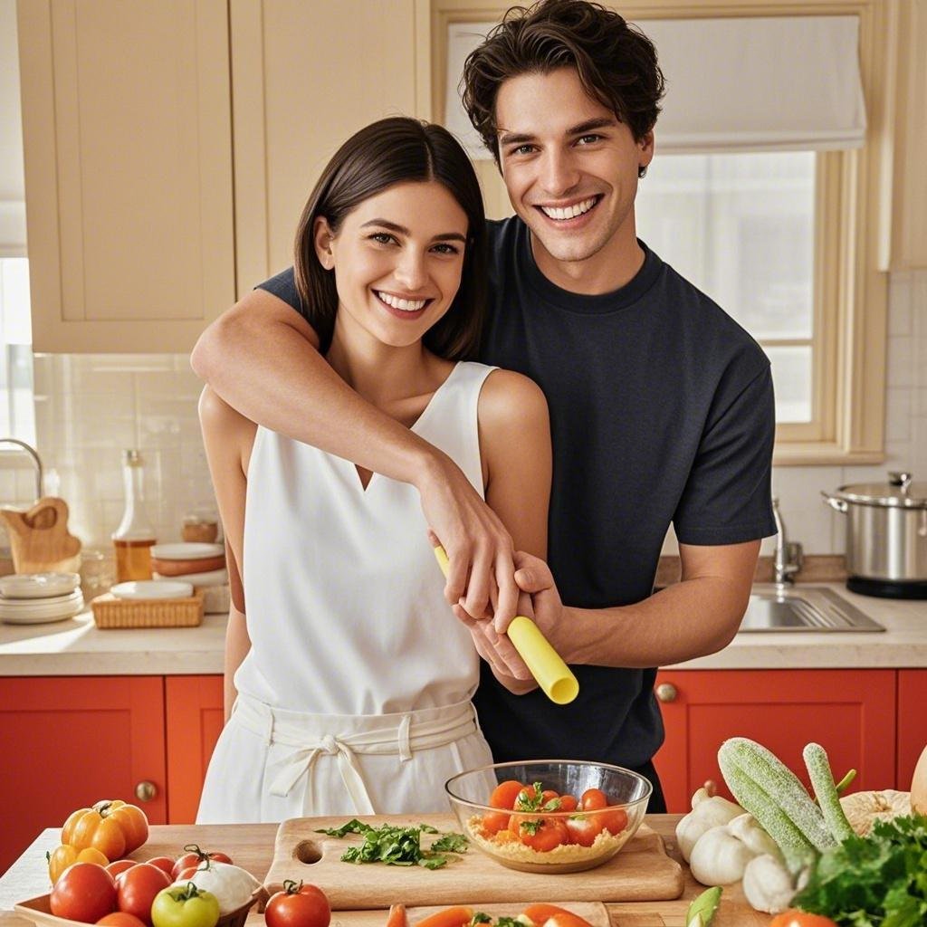 a couple cooking together in the kitchen, symbolizing acts of service in a relationship.