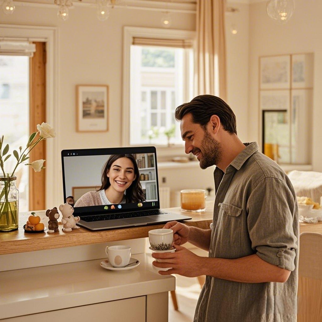  a long-distance couple video chatting, highlighting virtual acts of service.