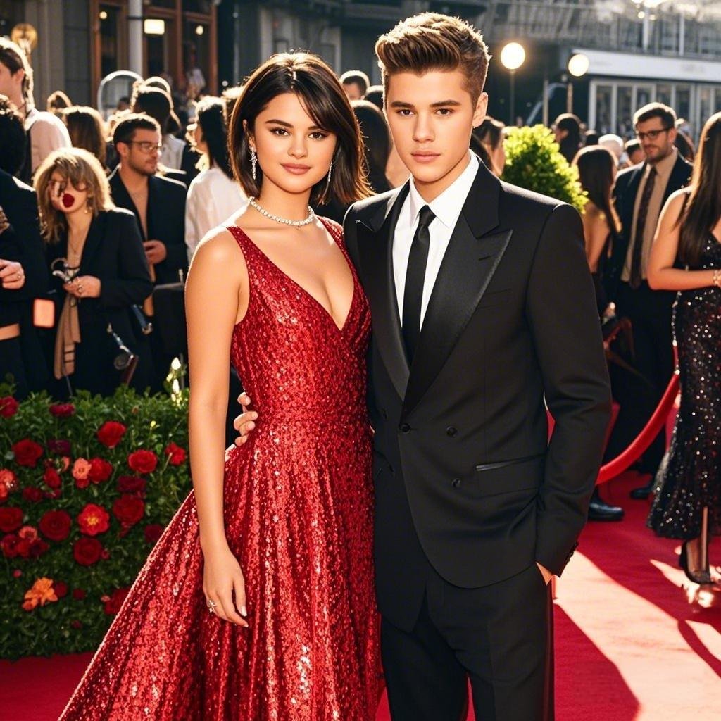 Selena Gomez and Justin Bieber on a red carpet during their Jelena era