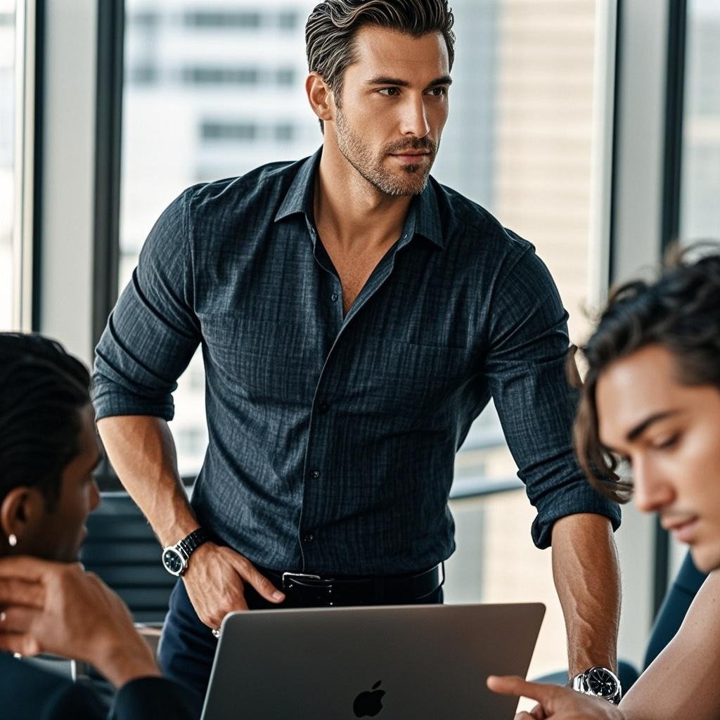 A confident man leading a team meeting, illustrating alpha male leadership in modern workplaces.
