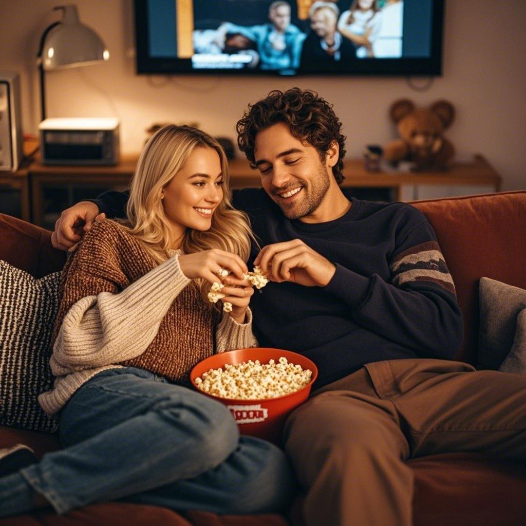 Couple enjoying at-home date night movie setup