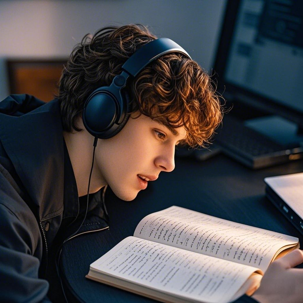 A person listening to breakup songs with headphones and a journal nearby