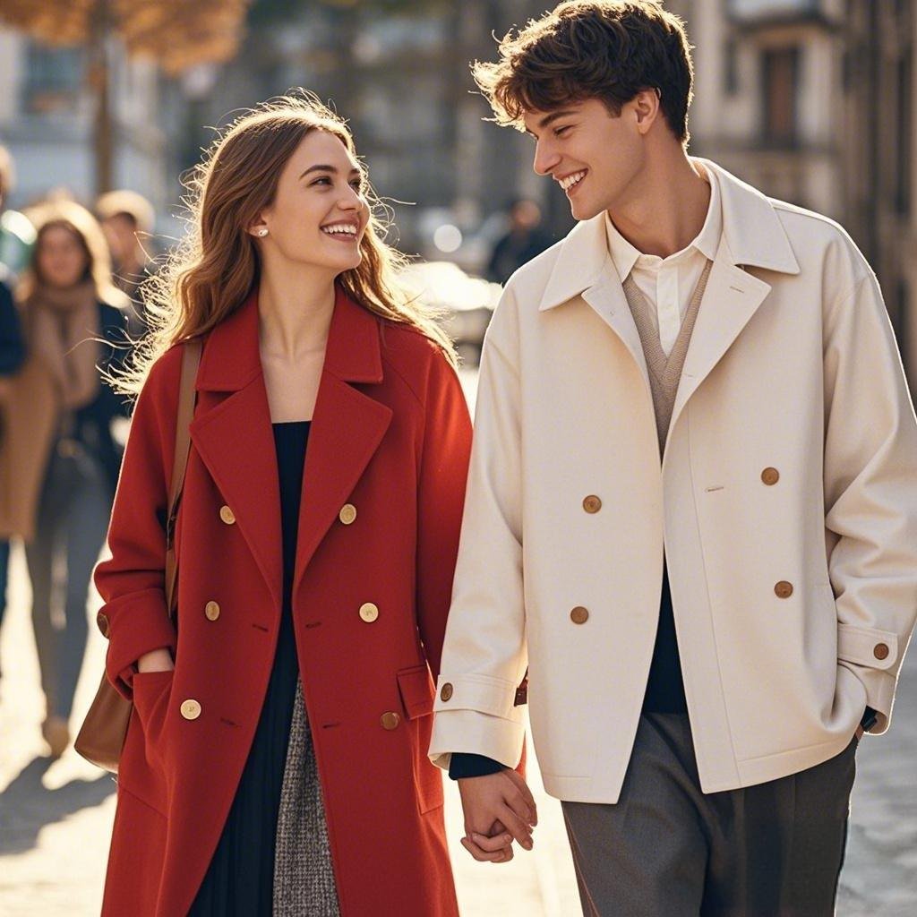 A happy couple of different heights walking hand-in-hand
