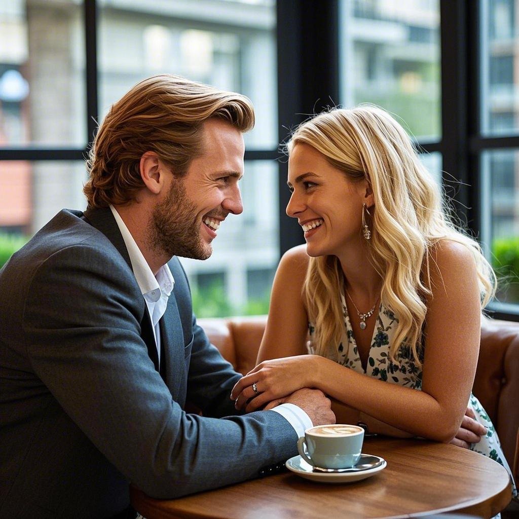 A happy femboy couple enjoying a date at a café