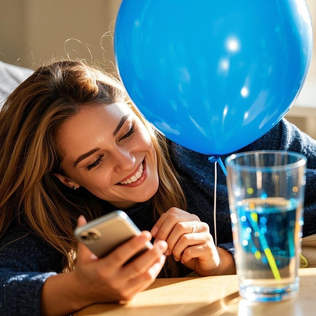A young woman smiling while reflecting on a girlfriend quiz result.