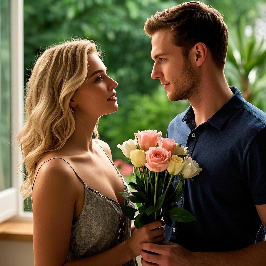 A playful and supportive golden retriever boyfriend surprising his partner with flowers