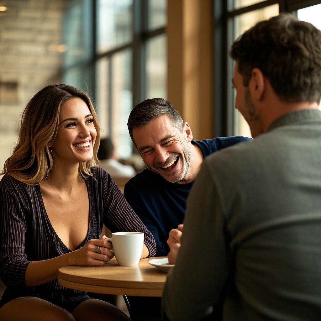 A person laughing with a couple at a café, representing a fun and healthy third wheel relationship.