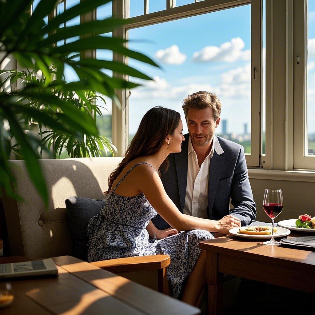 Couple chuckling over engaging inquiries during a laid-back rendezvous