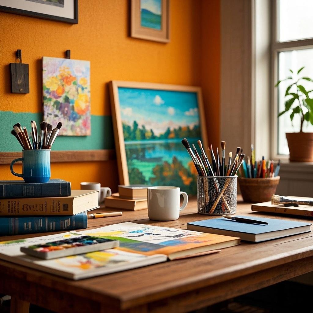 A creative workspace filled with paintings and books, representing the creativity of omega males.