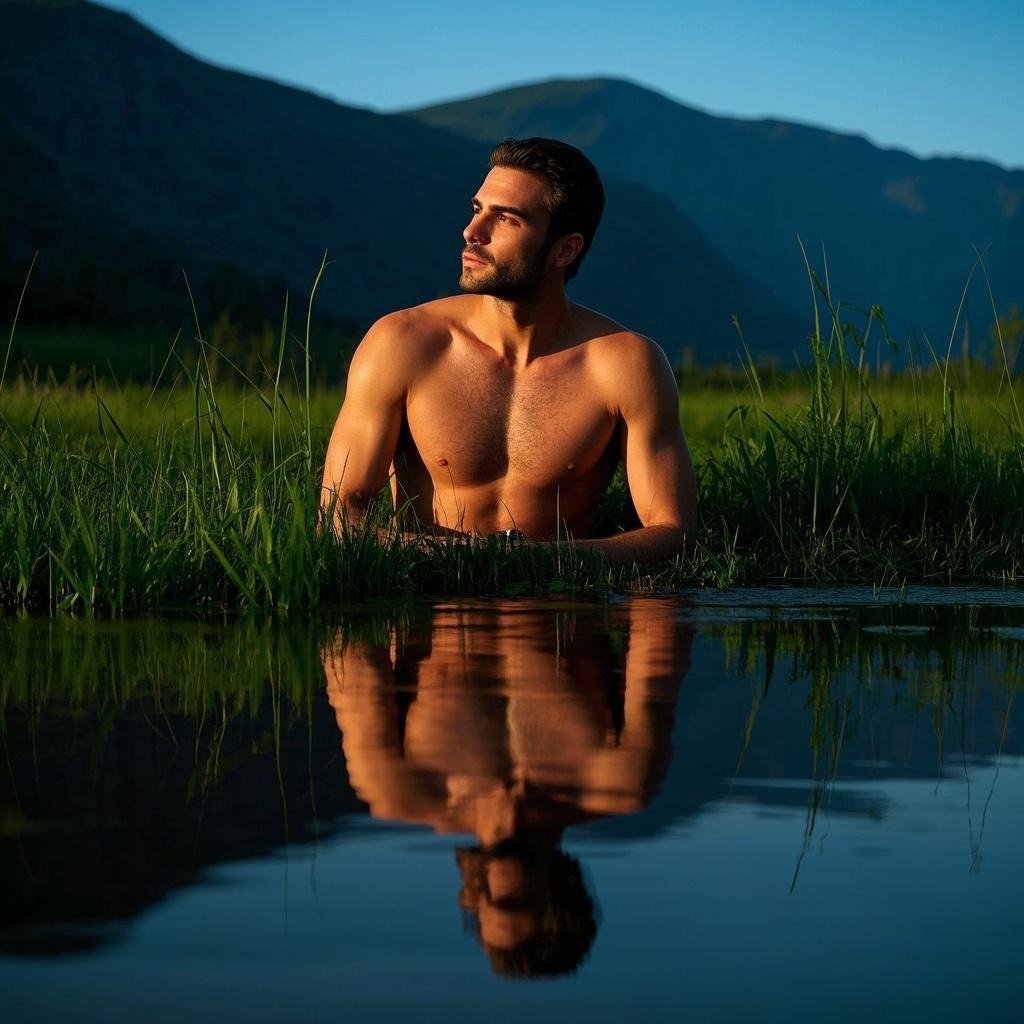 A reflective man enjoying solitude in nature, symbolizing omega male traits like introspection and independence.