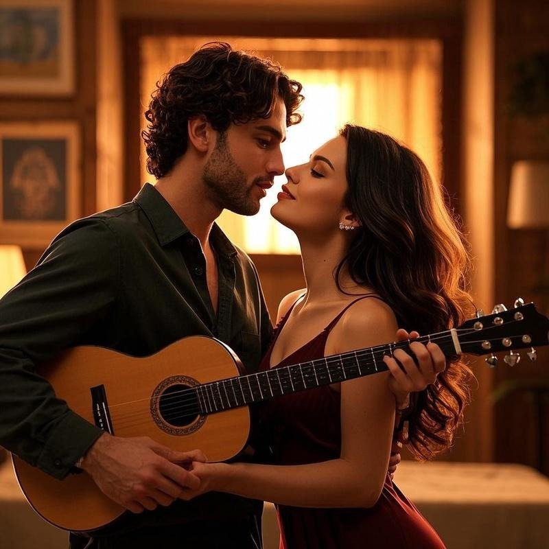 A romantic couple enjoying canciones románticas in a cozy setting.