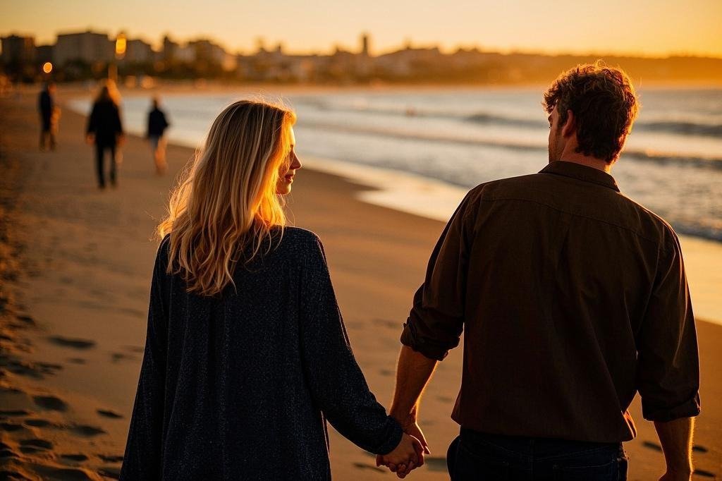 Romantic couple holding hands during a sunset stroll.
