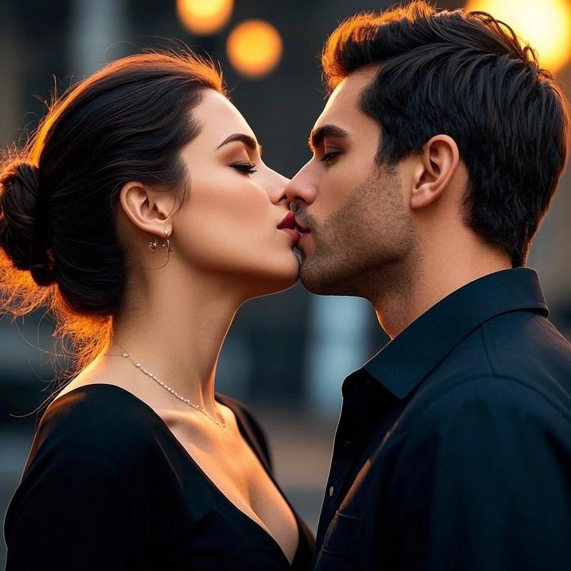 A romantic kiss between two people, symbolizing affection and intimacy.