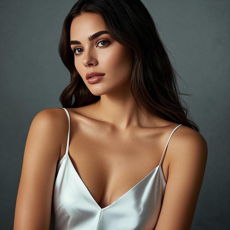 Woman wearing a satin camisole, showcasing an elegant evening style.