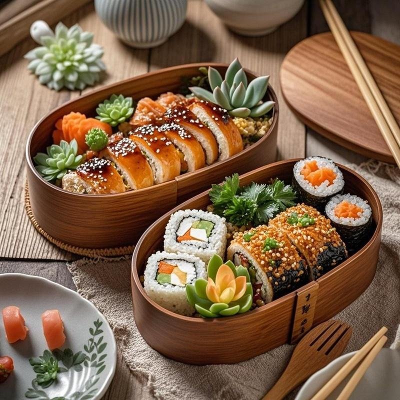Asian-inspired bento box with teriyaki chicken and sushi rolls