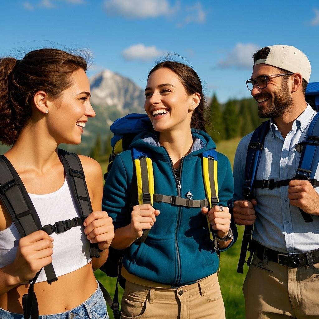 A cheerful group of three enjoying a hiking trip, symbolizing how third wheel relationships can be enriching.